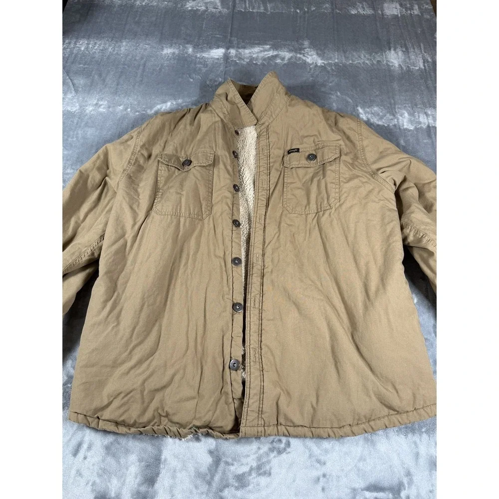 Wrangler Men's Sherpa Lined Workwear Jacket Coat Button Front Tan Brown Large
